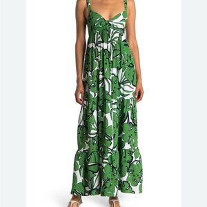 Trina Turk Green and White Tropical Leaf Maxi Dress